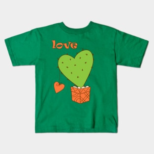 cartoon green cactus with orange heart and love Kids T-Shirt